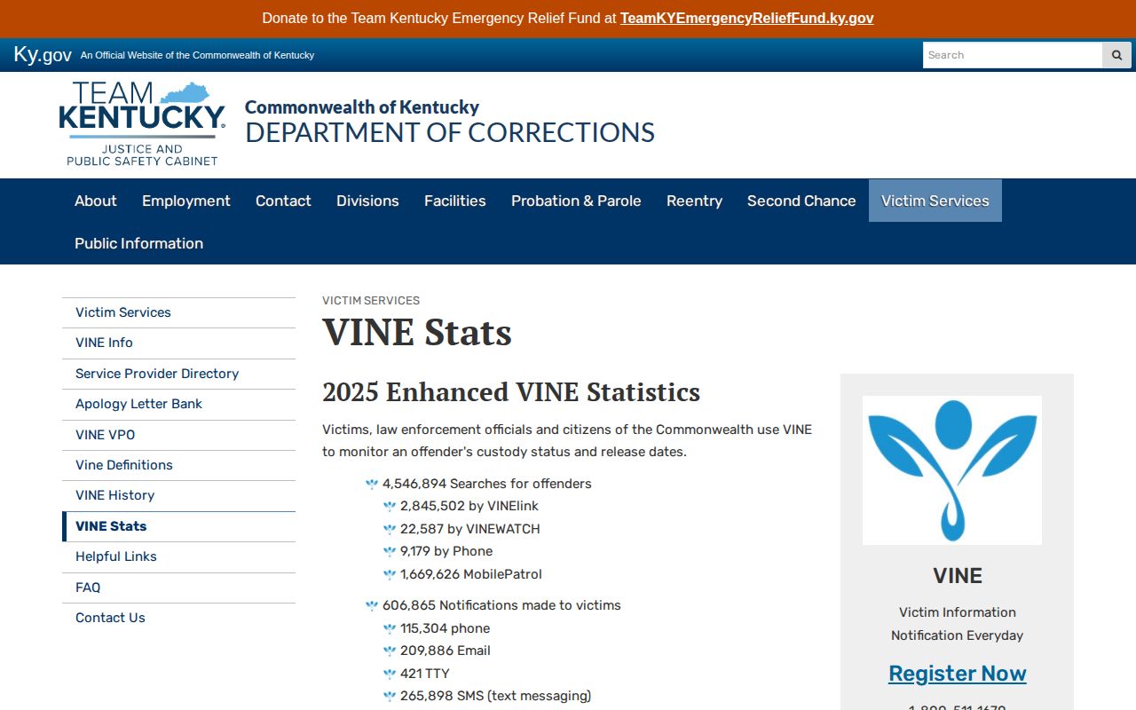 Kentucky VINE availability and court notification limits for Allen County