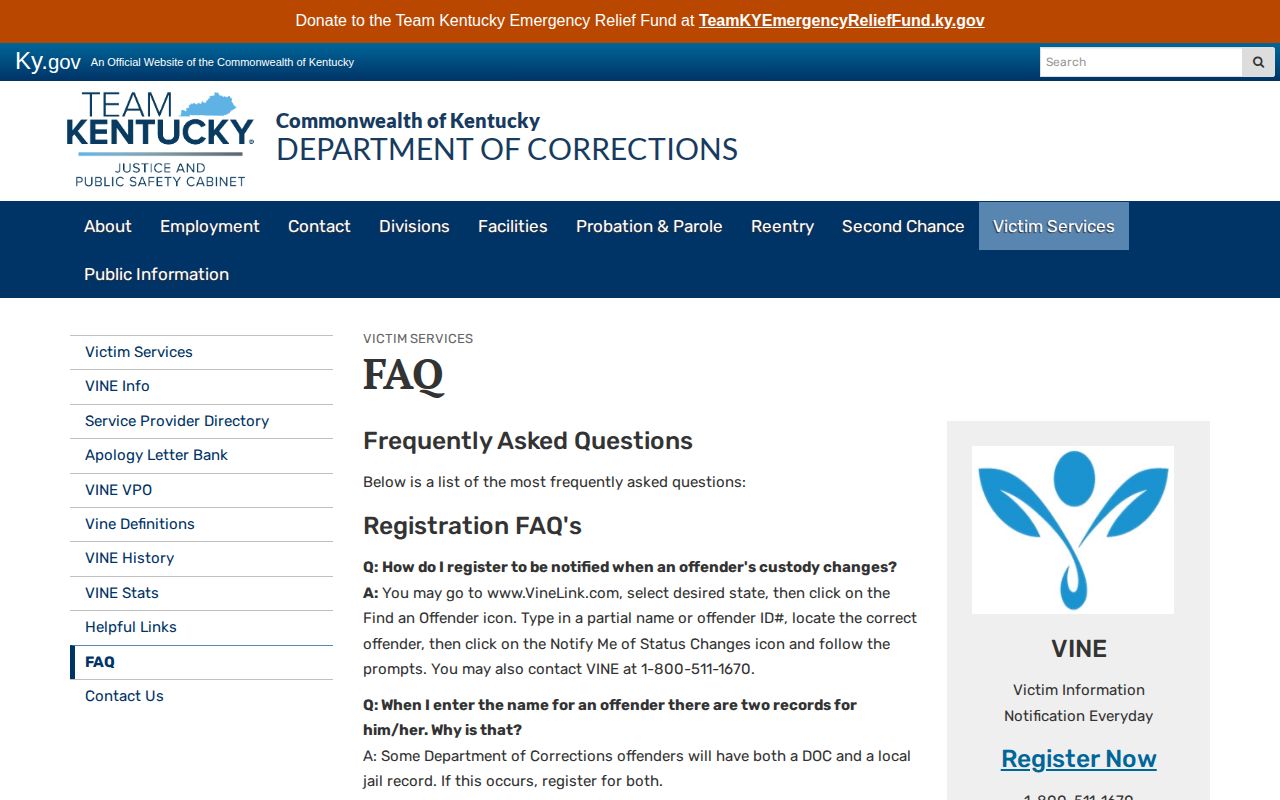 Kentucky VINE FAQ for Allen County custody searches and alerts