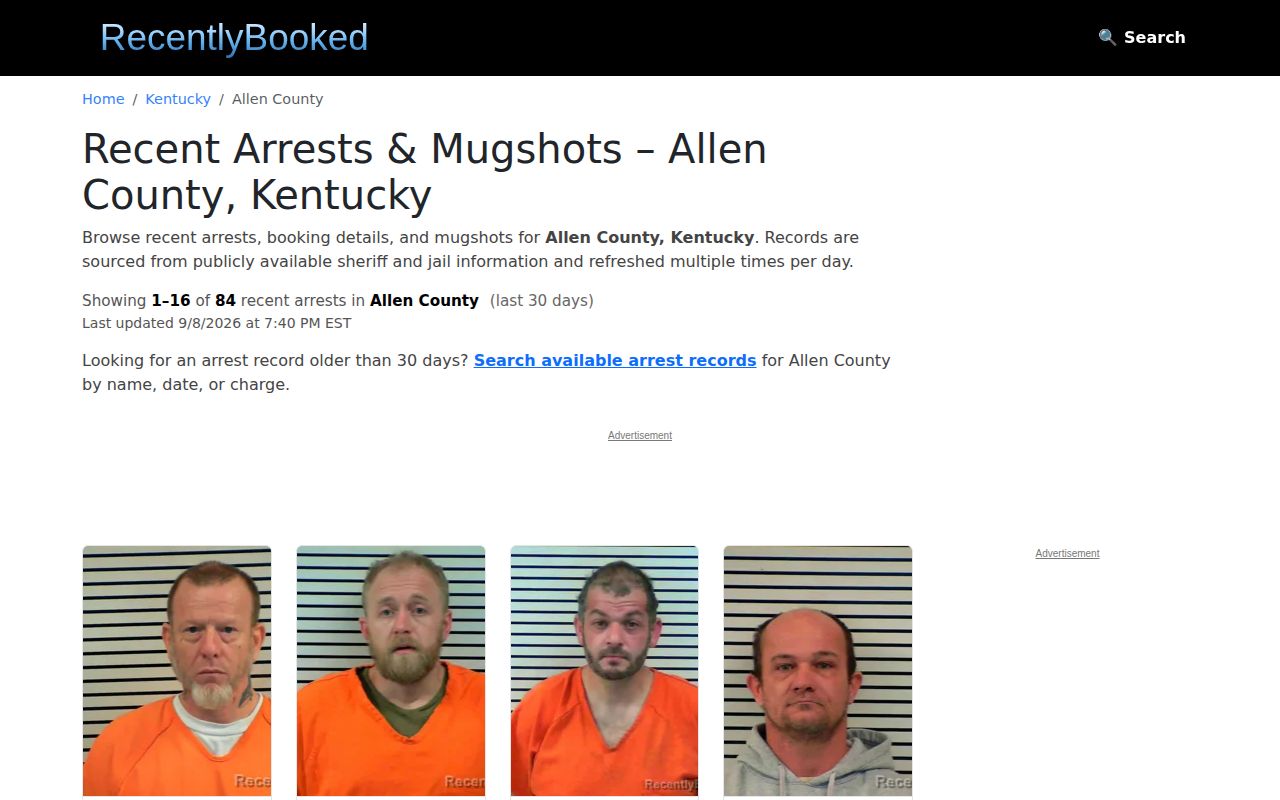 Unofficial Allen County recent arrest mirror interface