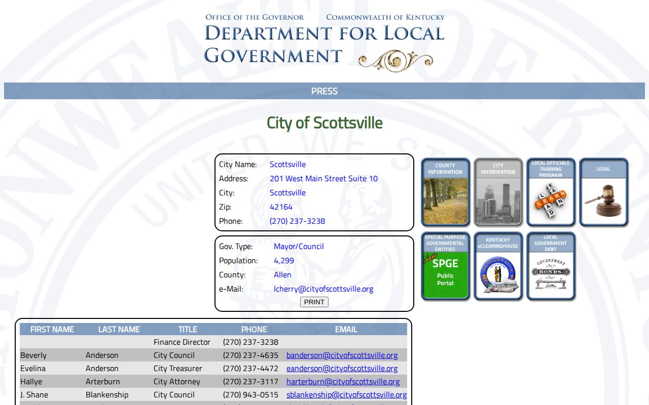 Kentucky government directory page for the City of Scottsville